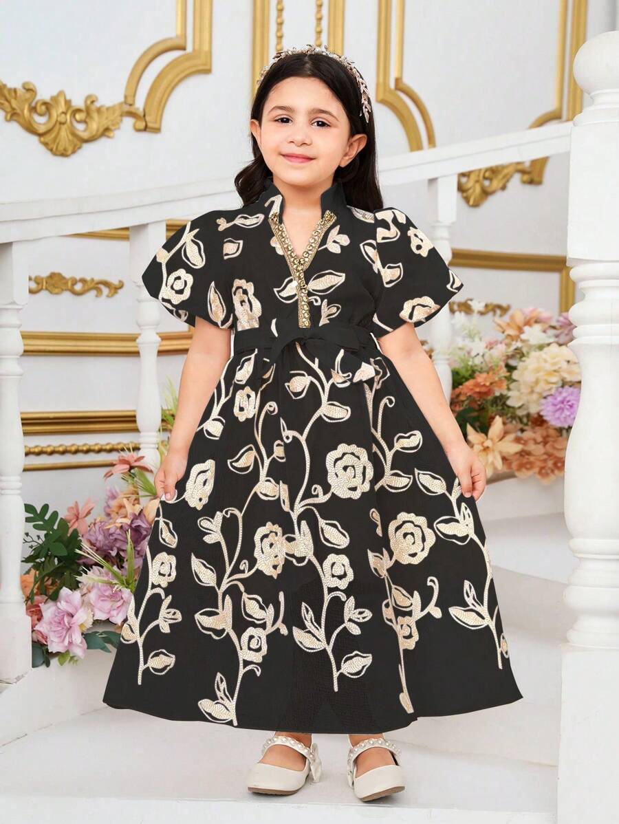 SHEIN Young Girl Graceful Embroidered Lantern Sleeve Long Dress