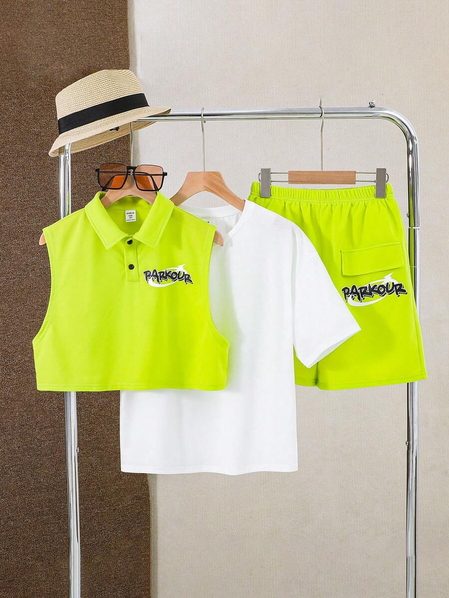 Tween-Jungen 3-teiliges Set mit lässigem, kurzärmligem T-Shirt im koreanischen Urlaubsstil, Tanktop mit Kragen und Shorts Einfarbig, Strick-Outfits
