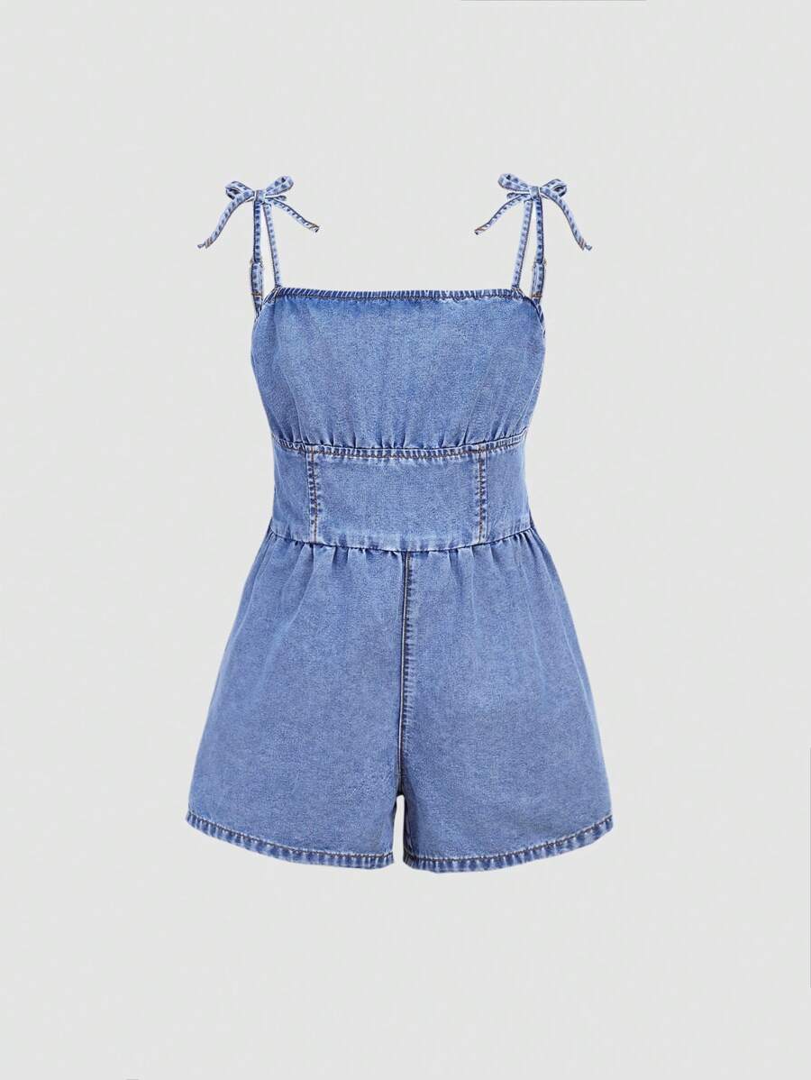 SHEIN Girlism Tween Girls Summer Boho modny śliczny węzeł na ramieniu Ruched biust Cami Baggy Denim kombinezon Romper, dziewczęce letnie wakacje ubrania stroje
