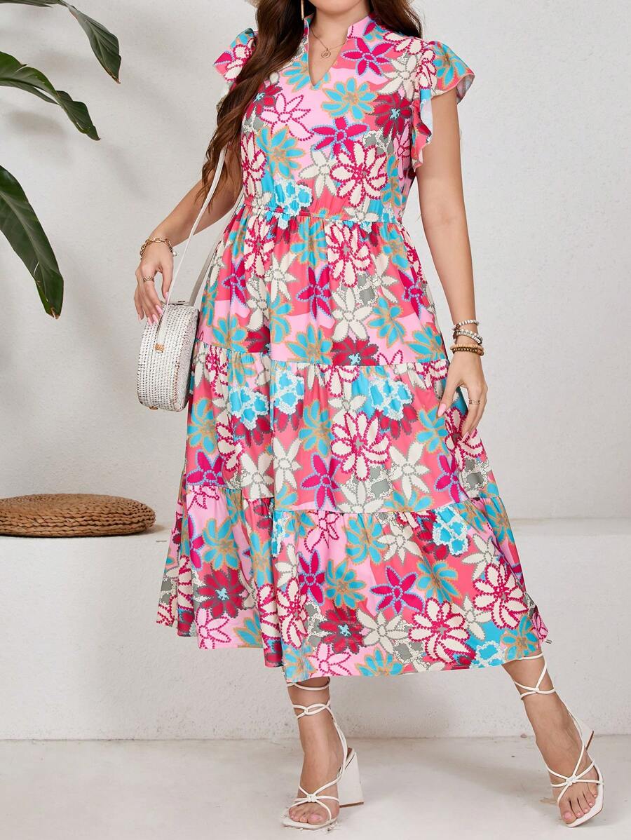 SHEIN LUNE Plus Size Women Elegant Floral Print Summer Holiday Dress With Notched V-Neckline And Short Flared Sleeves