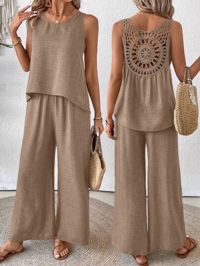 Breezaya Round Neck Solid Color Lace Spliced Sleeveless Top And Trouser, 2pcs/Set