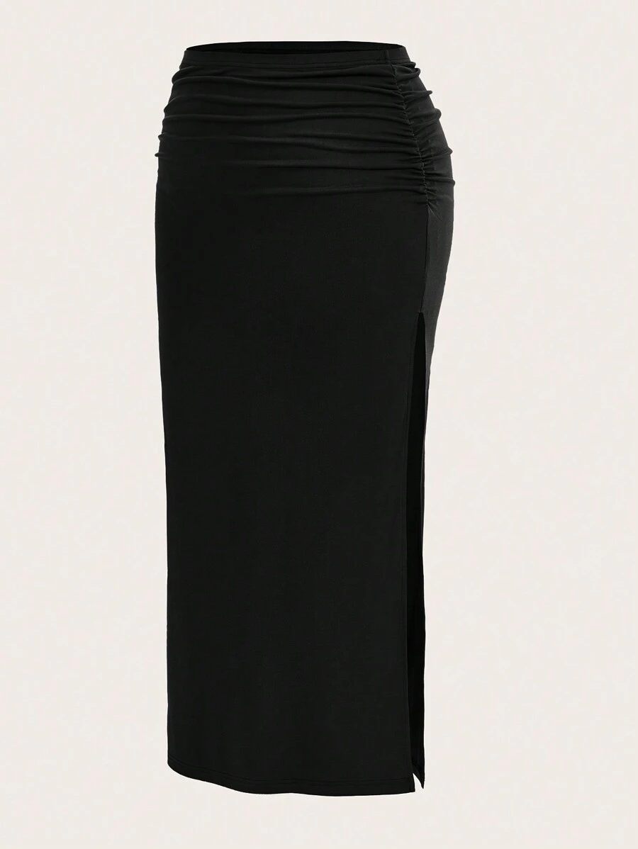 SHEIN EZwear Plus Solid Ruched Split Thigh Skirt