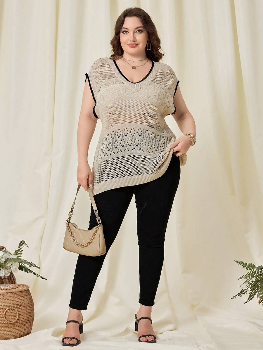 SHEIN LUNE Plus Size Women Sweater Contrast Color Hollow Out Tank Top