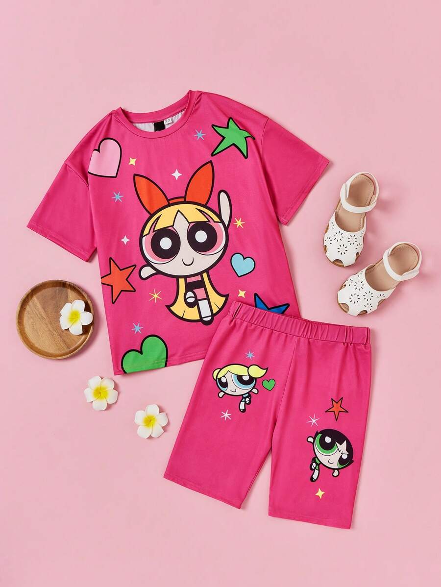 THE POWERPUFF GIRLS X SHEIN Conjunto de camiseta de manga corta y shorts impresos con dibujos animados brillantes, informal y lindo para niña preadolescente, verano