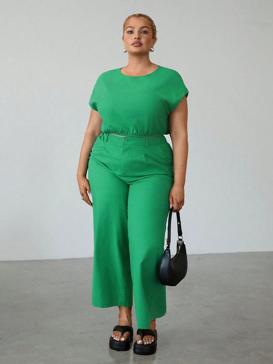 SHEIN EZwear Plus Size Green Linen Holiday Casual Pants Set