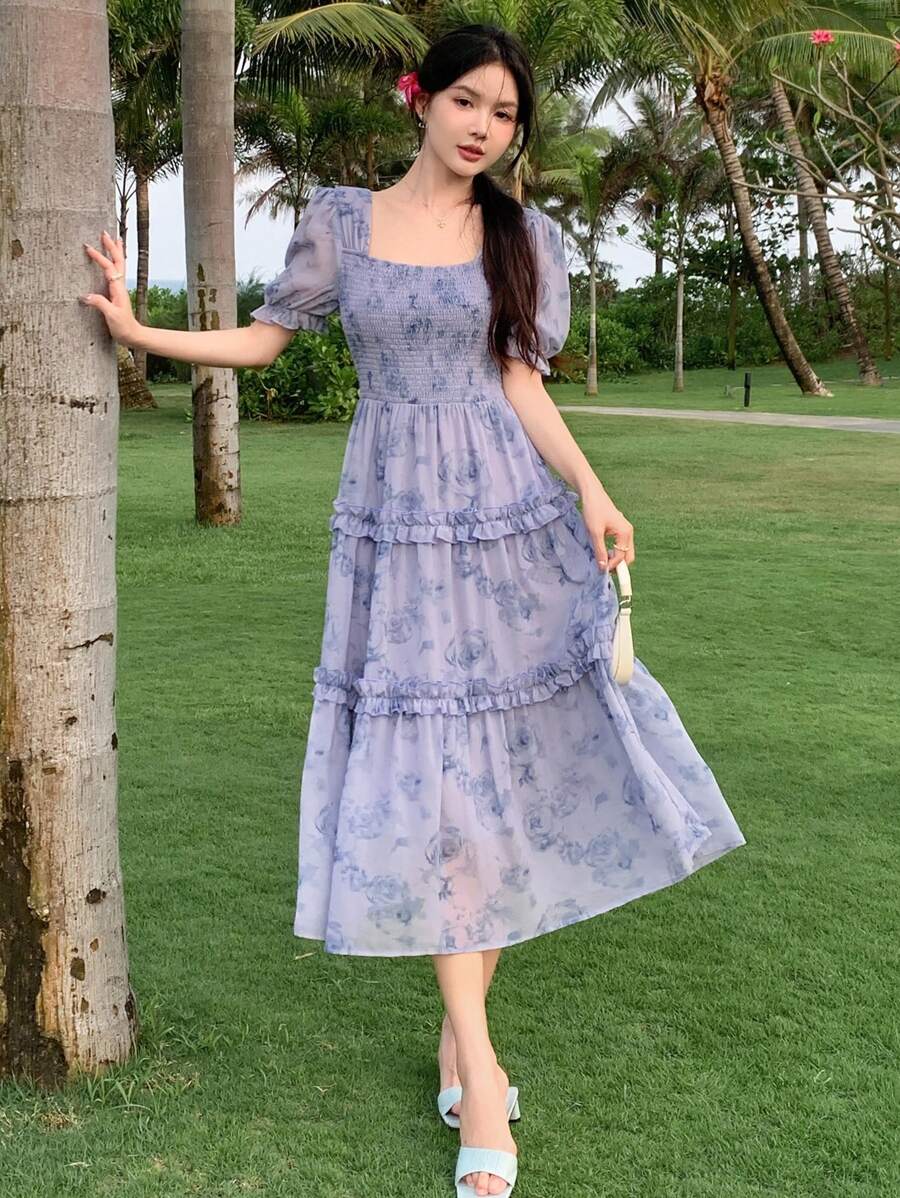 DAZY Women's Chiffon Floral Print Square Neck Elegant Dress Sundress