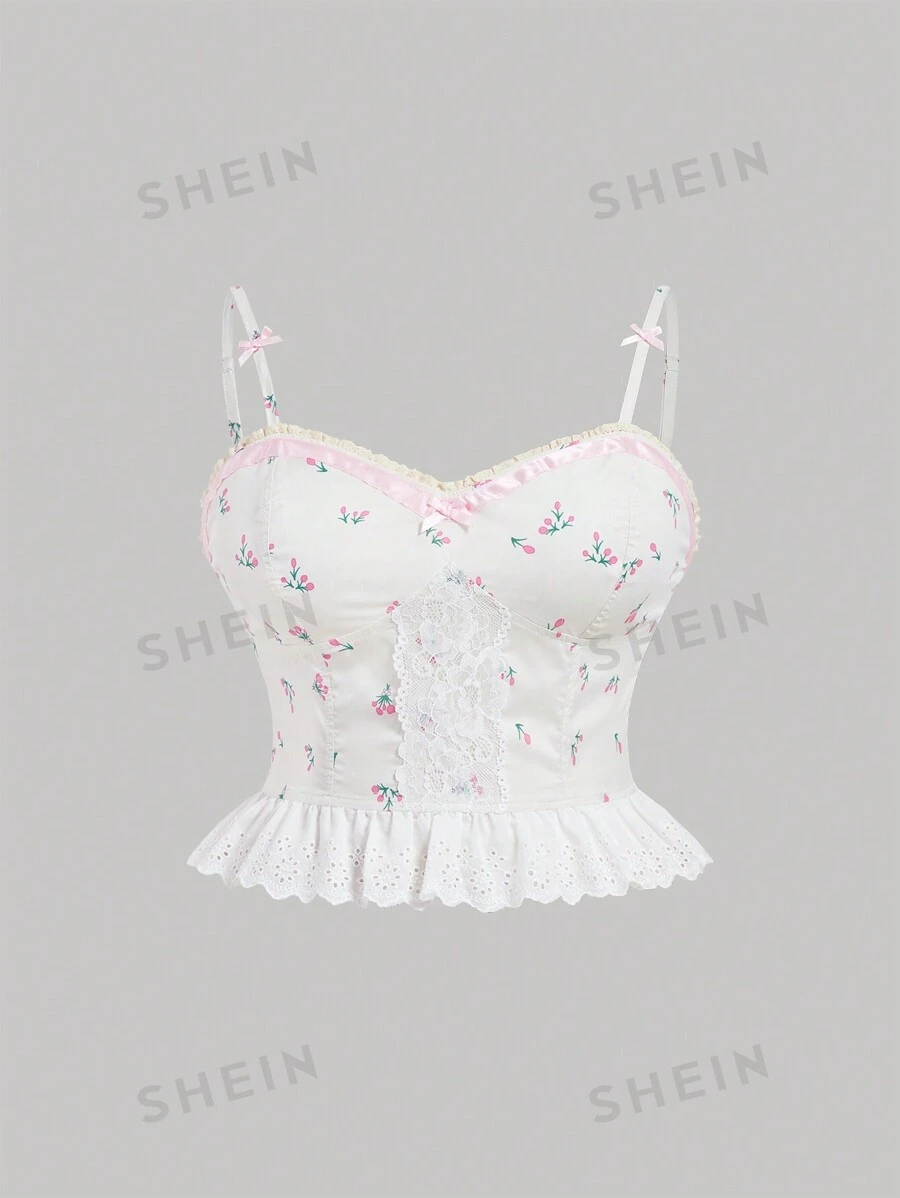 SHEIN MOD Camisola de encaje con estampado floral pequeño y contrastante y ribete con volantes para tallas grandes de verano