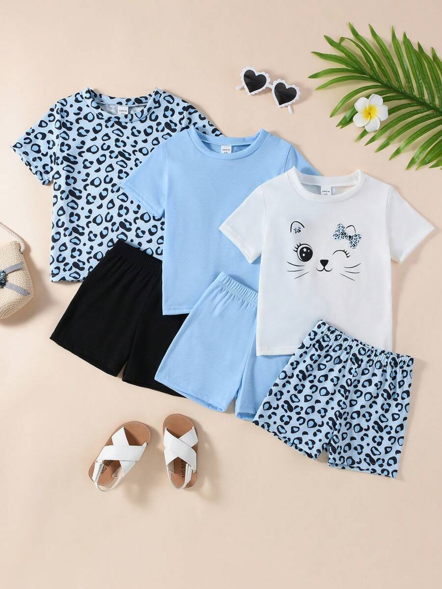 Conjunto de tres piezas informal y veraniego para niña, con estampado de leopardo de gato lindo y cuello redondo