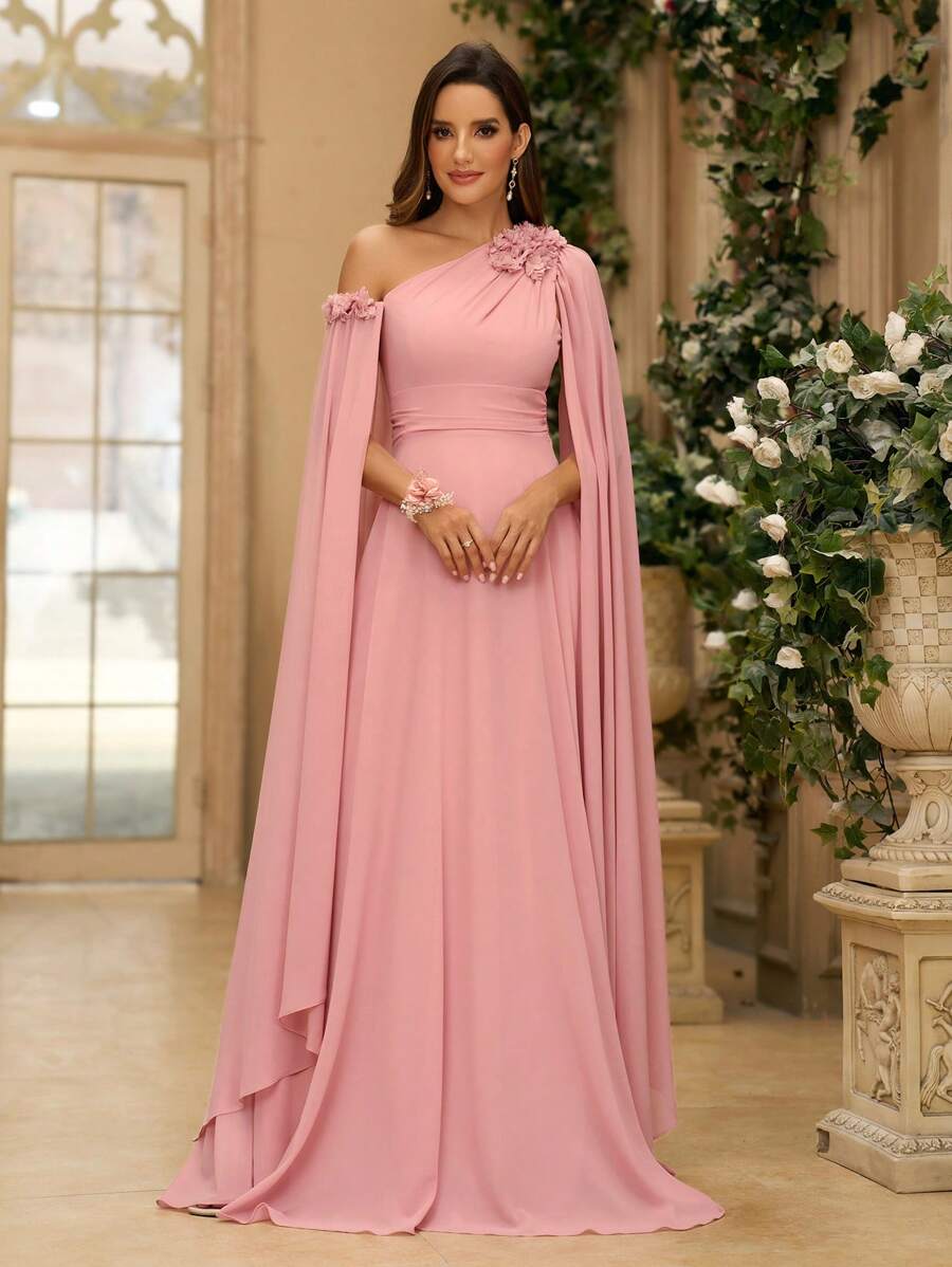 SHEIN Belle 3D Flower, Chiffon, Asymmetrical Neck Bridesmaid Dress With Graceful Sleeves (Heavy Industry) Formal Ball Gown For Women, Elegant Long Sleeve Prom Evening Wedding Guest Dress, For Graduation, Dinner Party Dress