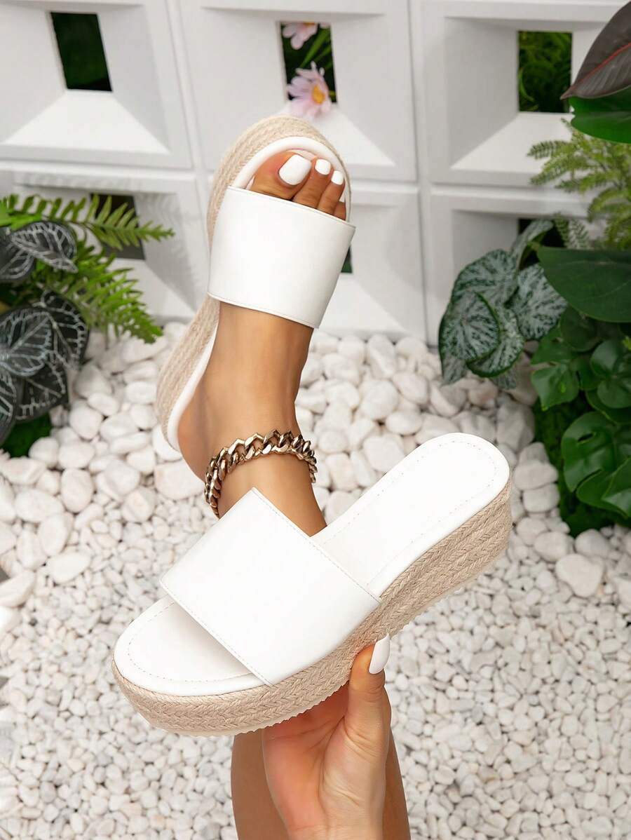 Women White Woven Rope Wedge Mules With Thick Soles, Vacation Style Platform High-Heeled Slippers