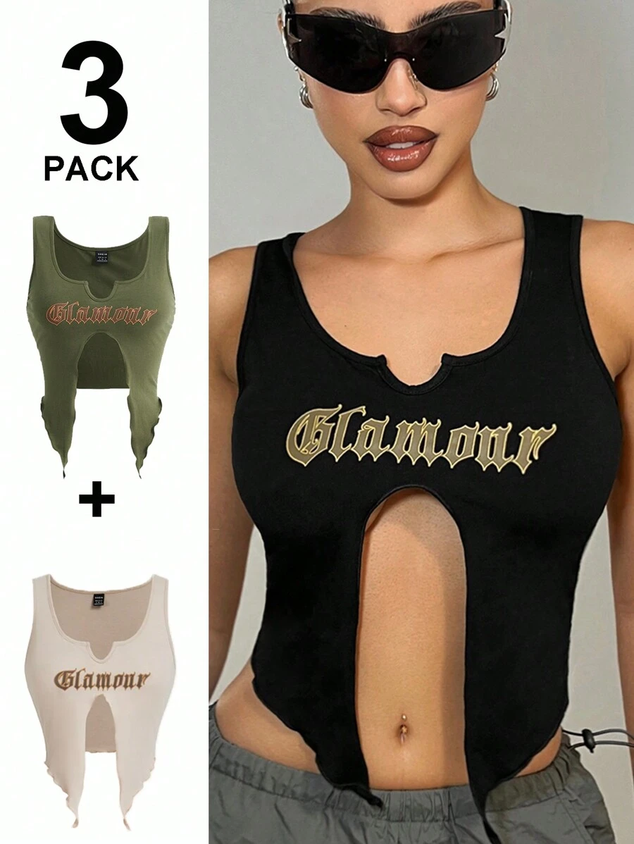 SHEIN ICON 3pcs Summer Asymmetrical Split Hem Tank Top With Letter Print Three Piece