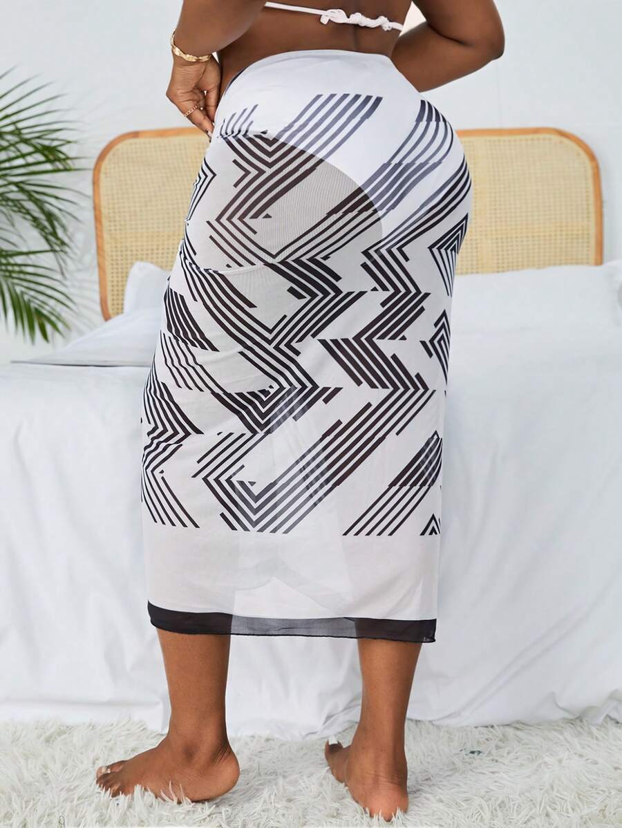 SHEIN Swim Curve Summer Beach Plus Size Dotted Line Printed Split Hem Contrasting Edge Tie Front Cover-Up