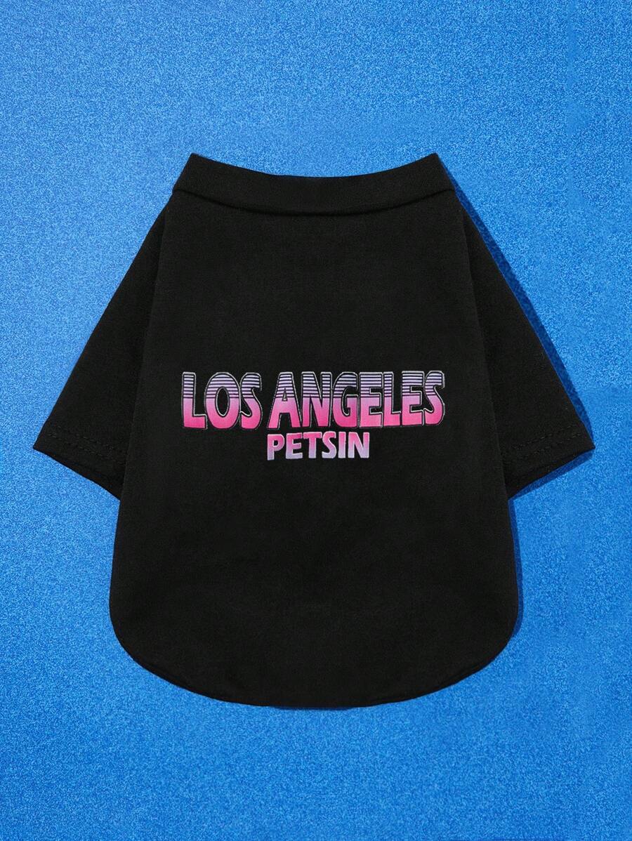 PETSIN Pet Black T-Shirt With LOS ANGELES Ombre Cool Print, Suitable For Both Cats And Dogs