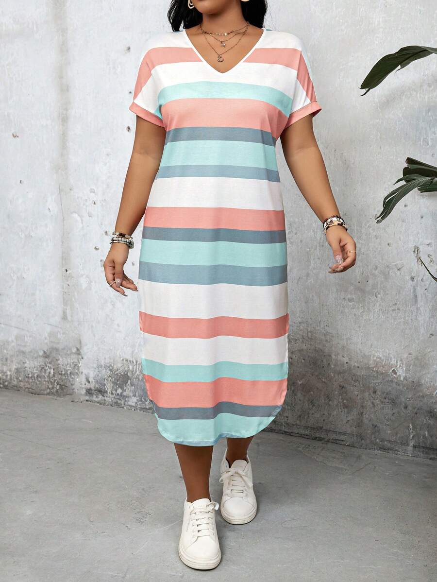 SHEIN LUNE Plus Size V-Neck Striped Printed Casual Short Sleeve Dress For Spring/Summer