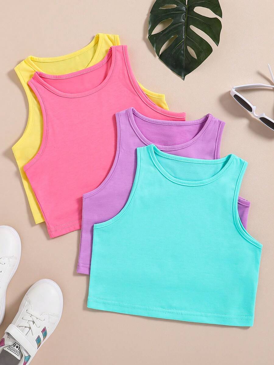 SHEIN 4pcs Holiday,Summer,TravelTween Girl Solid Color Simple Everyday Summer Top