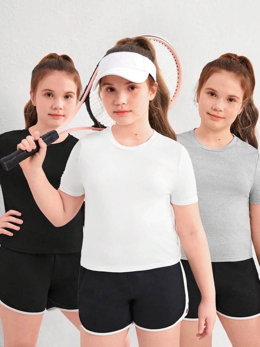 SHEIN Tween Girl Extended Size Casual Sports Short Sleeve Knit Top With Solid Color Round Neckline For Spring/Summer