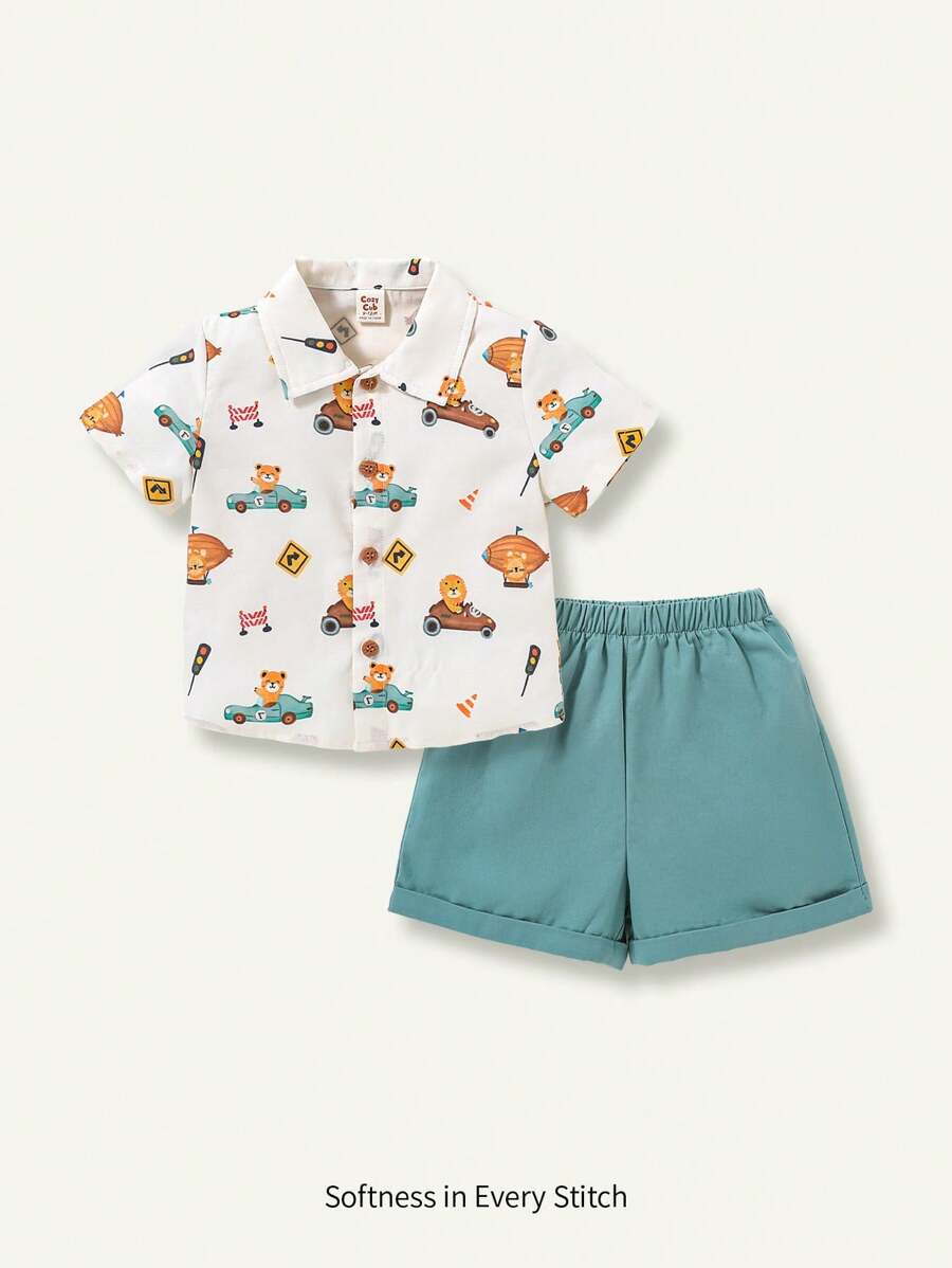 Cozy Pixies Baby Boy Cartoon Animal Pattern Turn-Down Collar Short Sleeve Shirt With Casual Shorts, 2pcs/Set