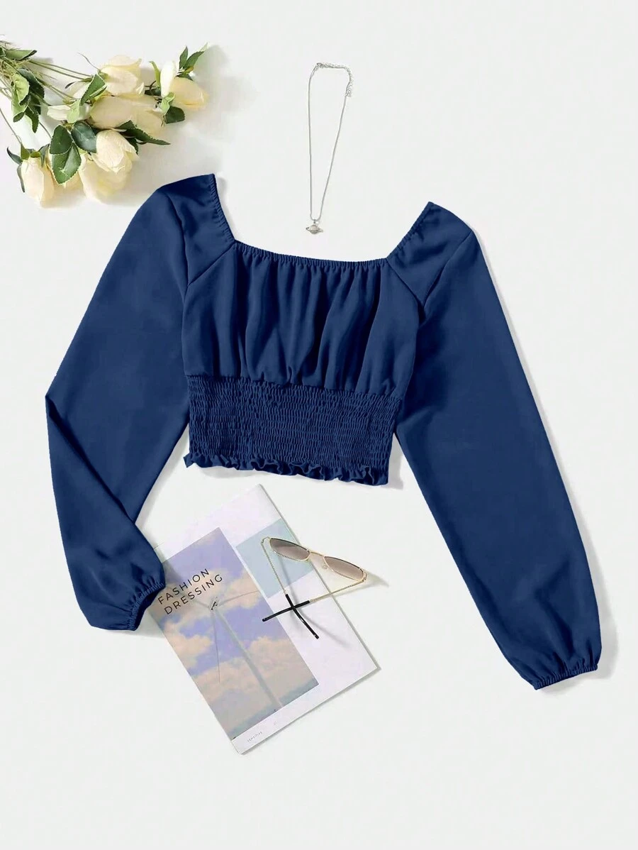 Mulvari Top corto de cintura fruncida para mujer con mangas largas y cuello cuadrado para primavera/verano