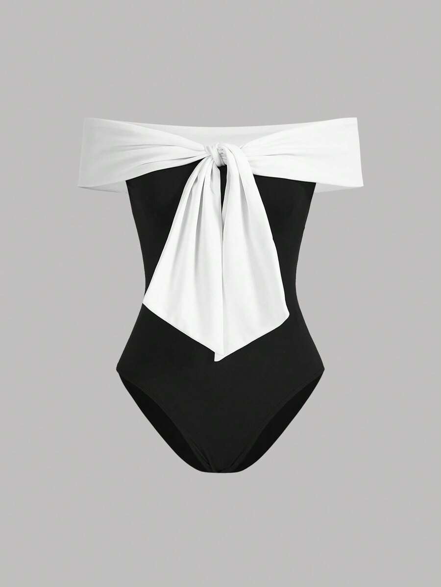 Firerie Women Black And White Off-Shoulder Bodysuit With Large Bowtie