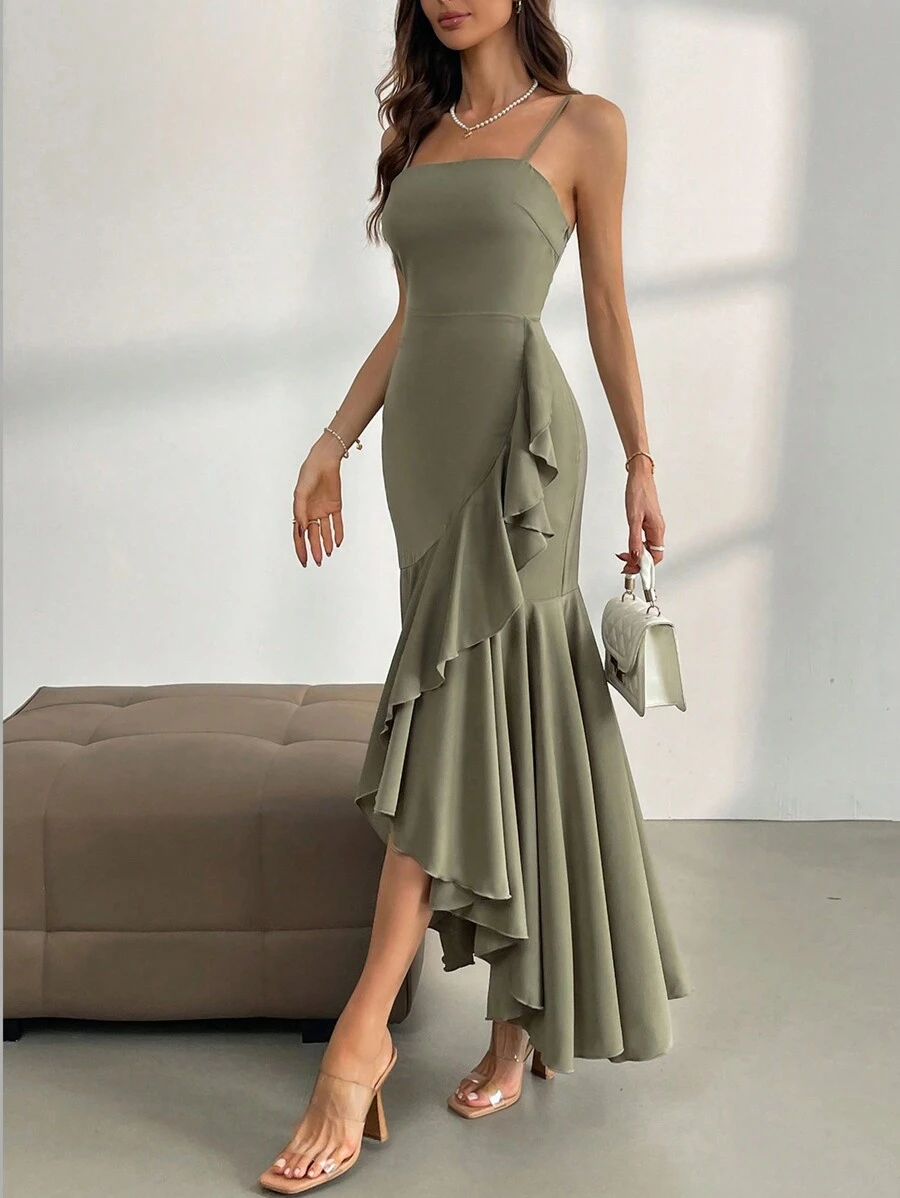 Firerie Vestido de tirantes finos con volantes, dobladillo asimétrico y elegante color verde para mujer en verano