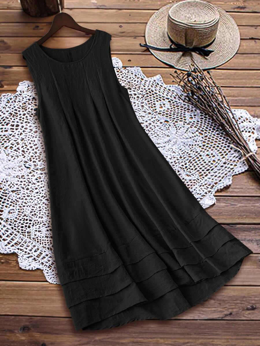 Linhara Plus Size Summer Solid Color Sleeveless Casual Round Neck Midi Dress