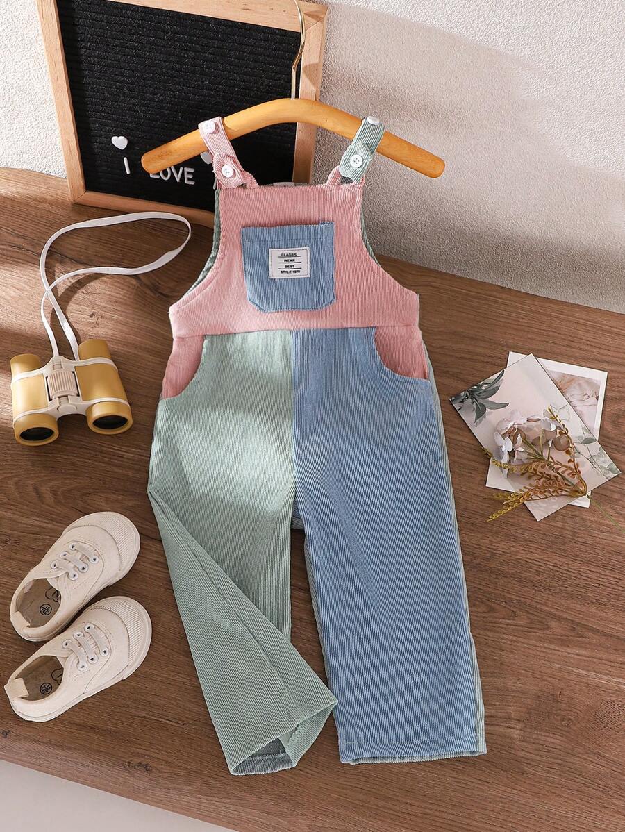 SHEIN Summer Newborn Baby Girls Casual Cute Style Jumpsuit With Front Pocket, Sleeveless, Adjustable Strap, Non-Elastic, Comfortable
