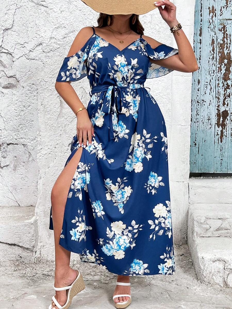 SHEIN VCAY Vestido de verano con estampado floral y hombros descubiertos de moda para mujer de talla grande para vacaciones