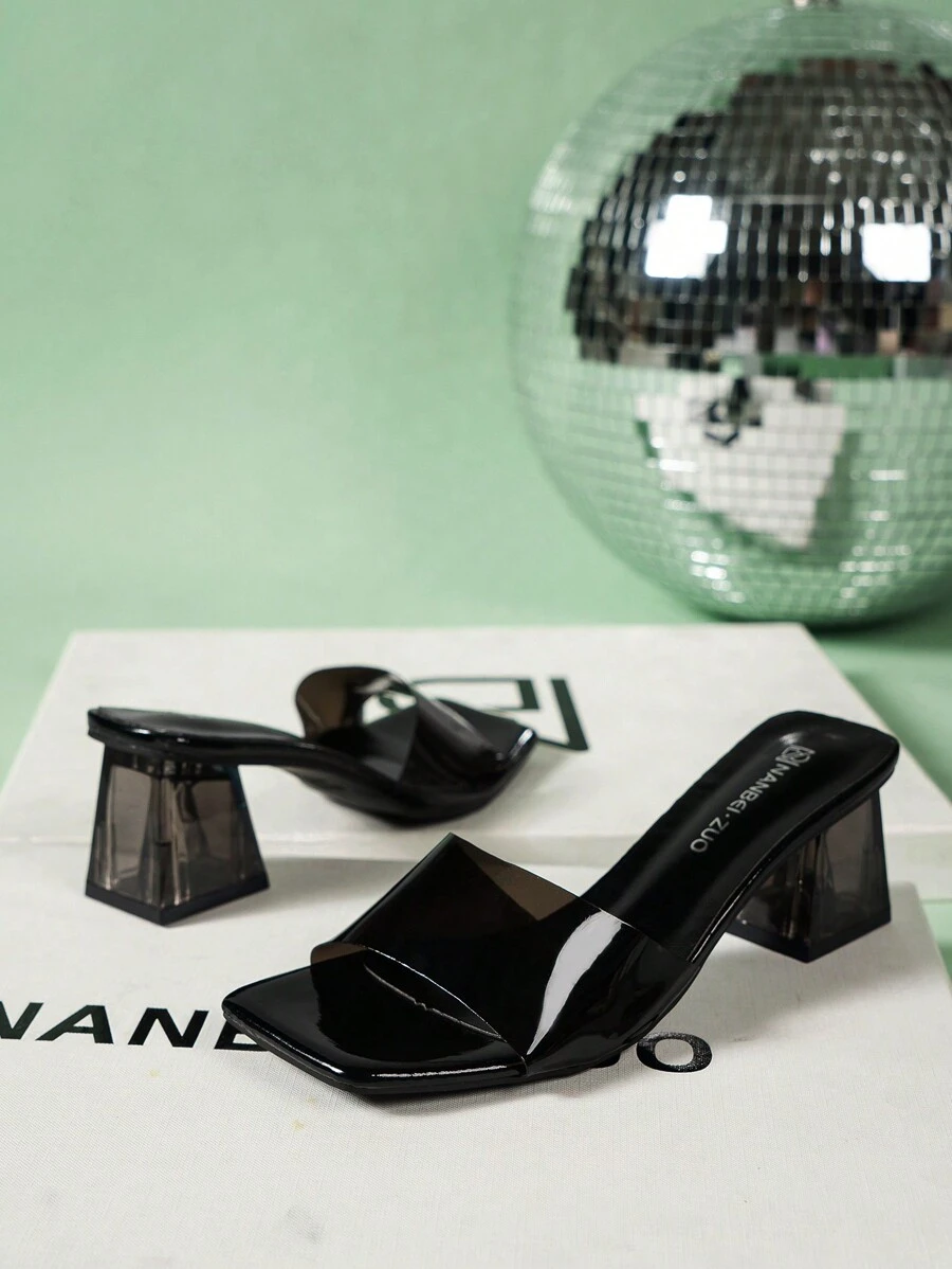Women\ Fashionable Black Transparent Strap High-Heeled Sandals For Events, Weddings, Parties And Music Festivals In Spring & Summer 2024: Elegant And Stylish High-End Sandals With Open Toes, Chunky Heels, Square Toes And Versatile Design.
