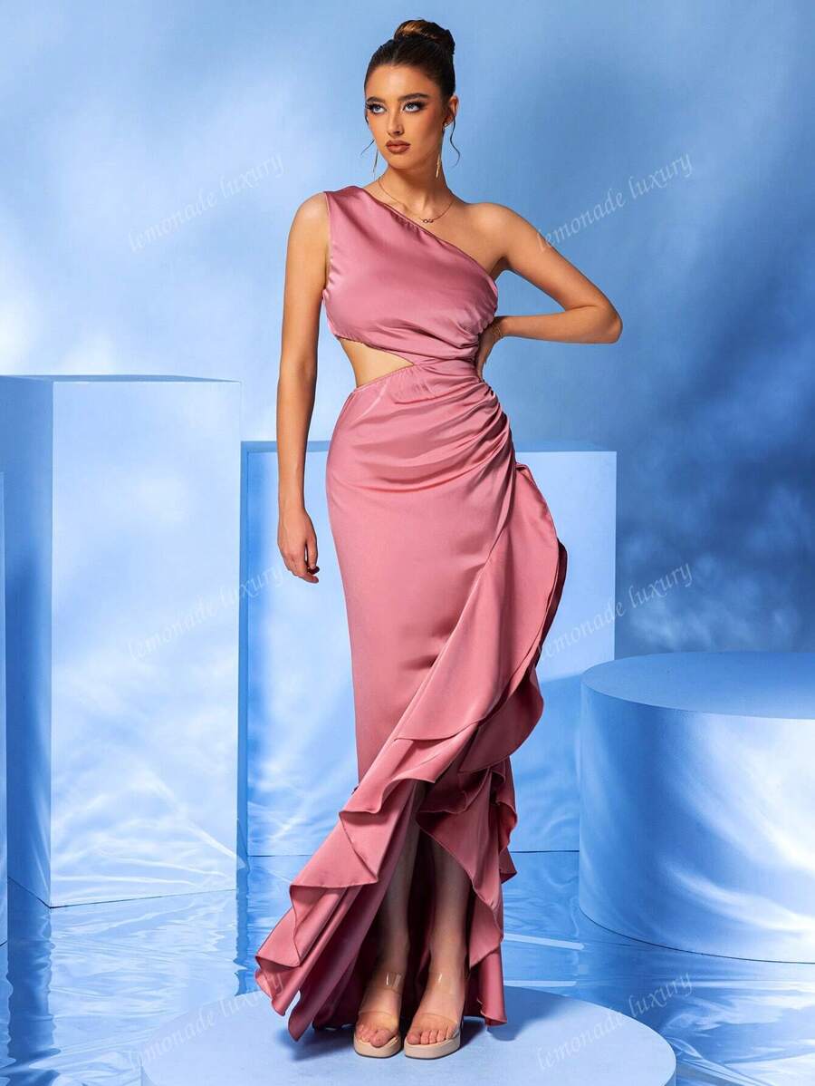 One Shoulder Ruffle Asymmetrical Hem Satin Dress