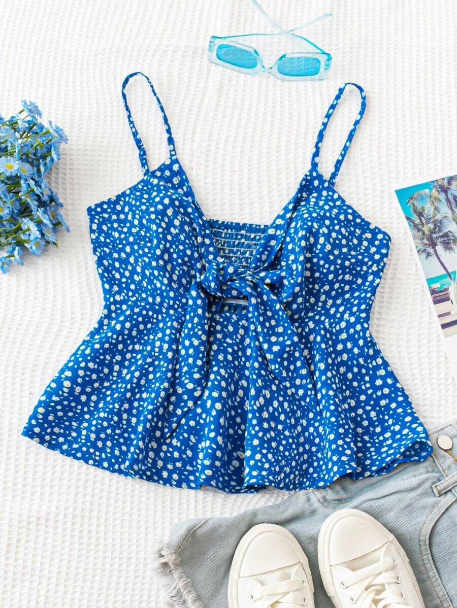 Soleia WYWH Vacation Women's Summer Leisure Countryside Holiday Picnic Blue Fragmented Flower Chest Strap Tank Top