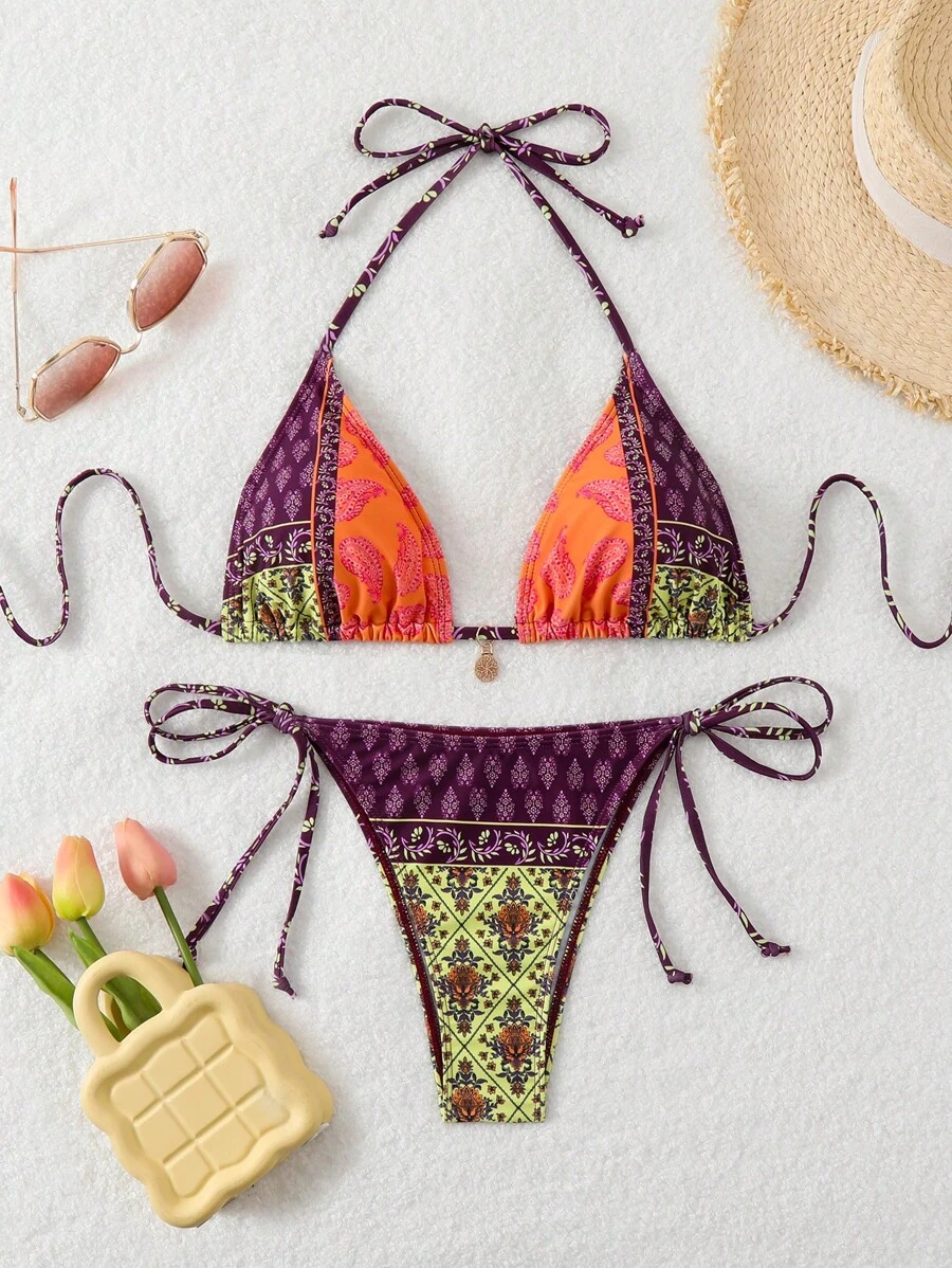 Swim Vcay Conjunto de bikini sexy de mujer de cintura alta con estampado de paisley y cuello halter con corbata para vacaciones en la playa de verano