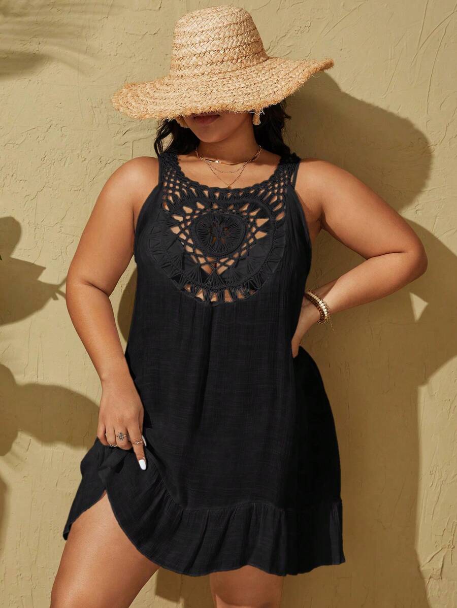 SHEIN Swim Curve Plus Size Women's Solid Color Sleeveless Hollow Out Cover Up,Summer Beach