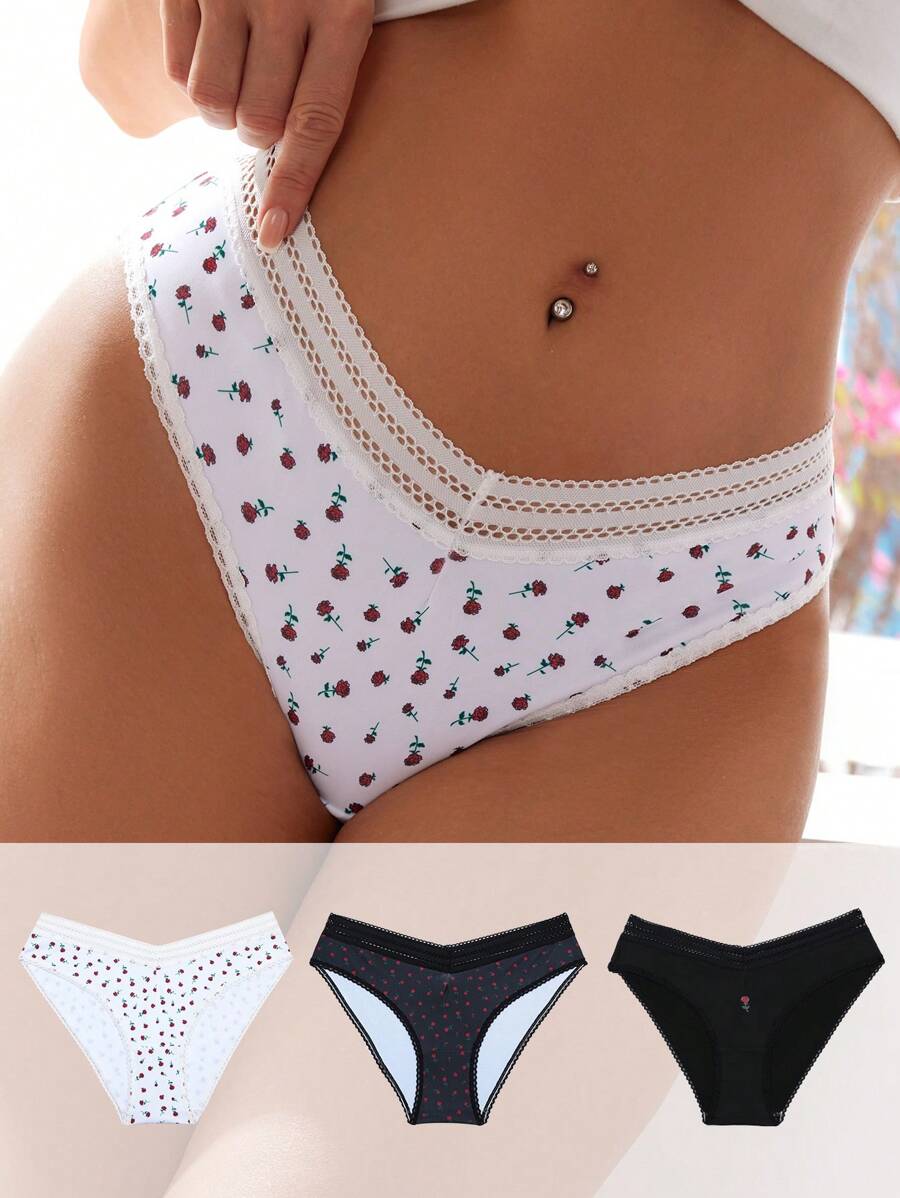SHEIN Panties triangulares de mujer con encaje floral y corte hueco