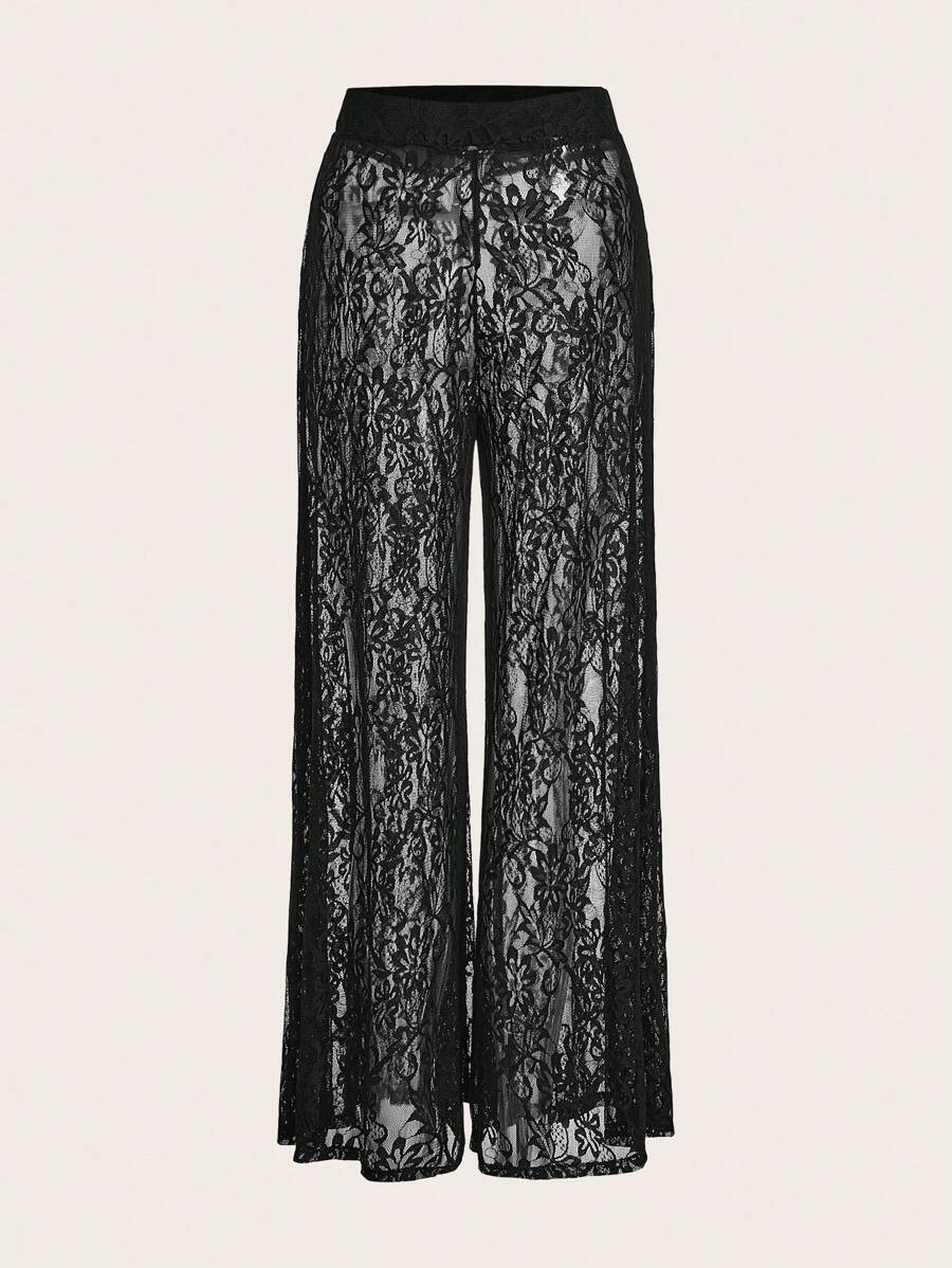 SHEINNeu Pantaloni bianchi dritti e sexy in pizzo a patchwork con elastico in vita