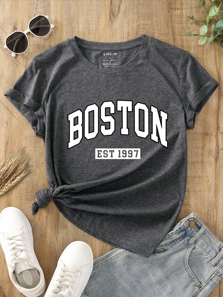 INAWLY Ladies Summer Short Sleeve Casual T-Shirt With Letter Print Graphic Tees Women Tops