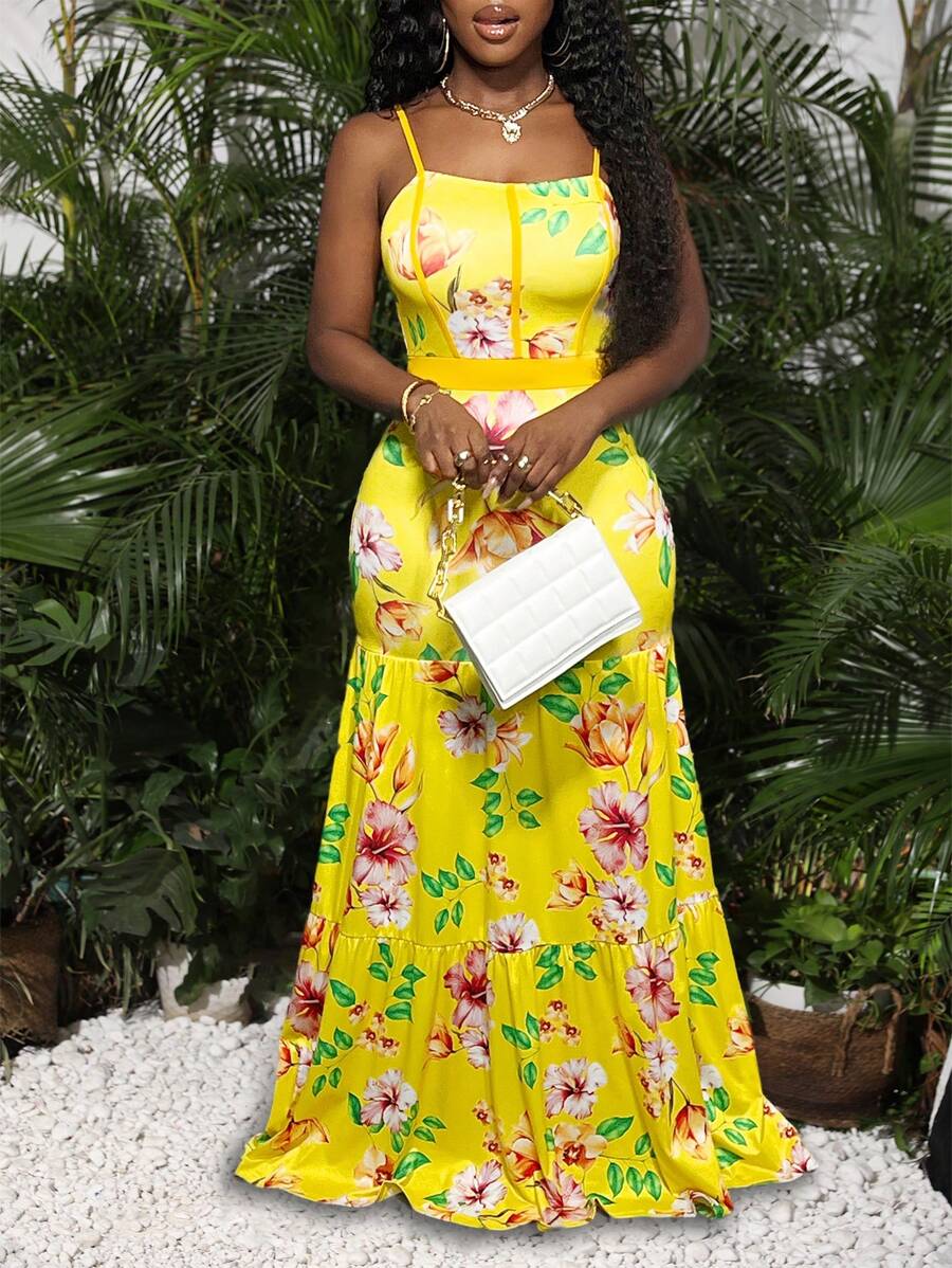 Slaydiva Vacation Leisure Floor Length Floral Printed Spaghetti Strap Dress