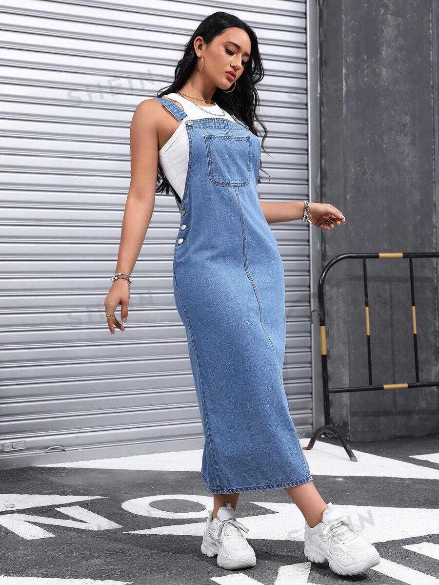 SHEIN Tall Vestido casual de mujer de peto vaquero holgado con bolsillo y abertura lateral