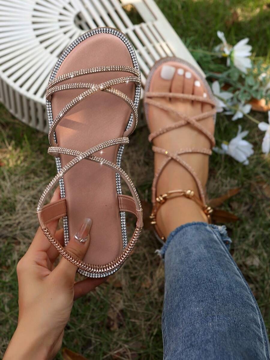 Flat Heeled Round Toe Metallic Sandals With Rhinestone Detailing, Elastic Ankle Strap, Roman Style For Women Valentines