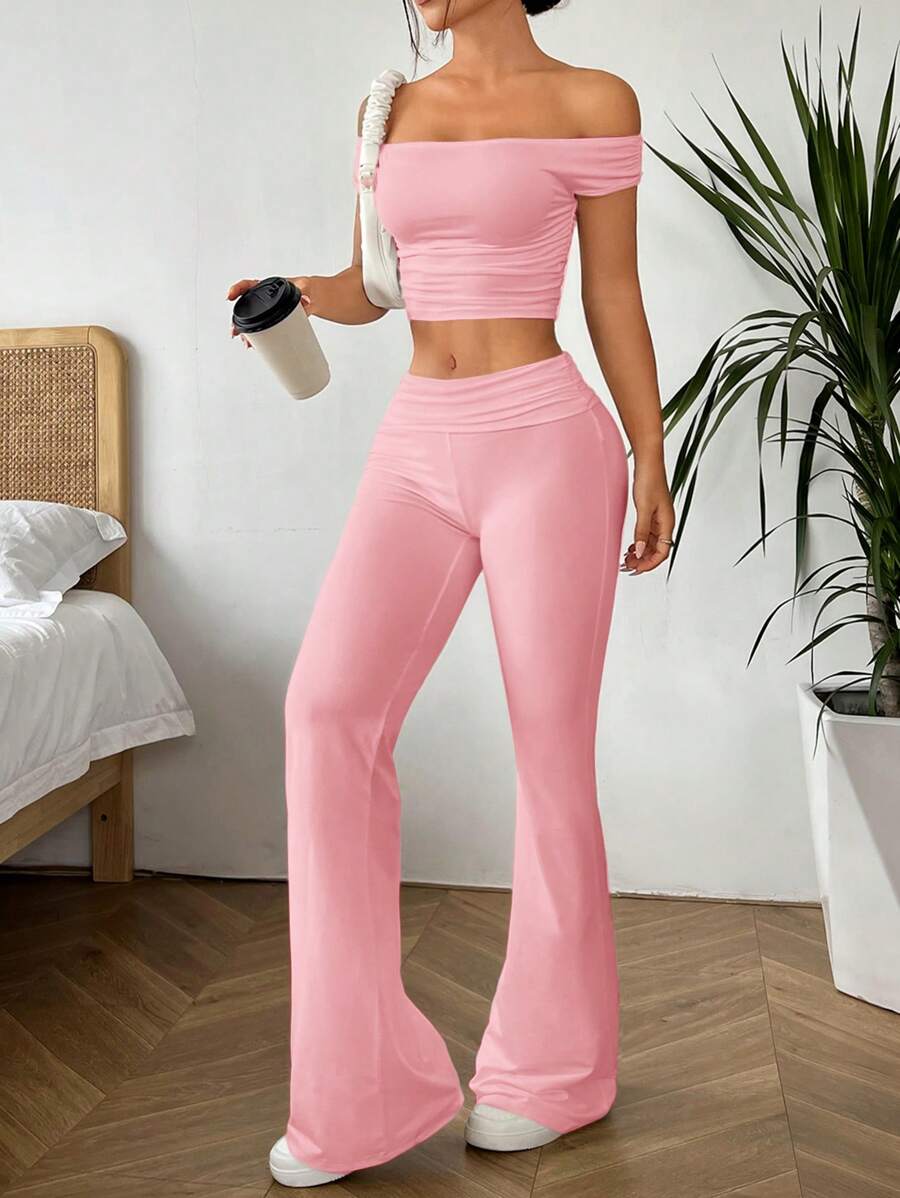 SHEIN EZwear Women's Simple Crop Top And Slim Flared Pants Two-Piece Set With Solid Color Off Shoulder Design