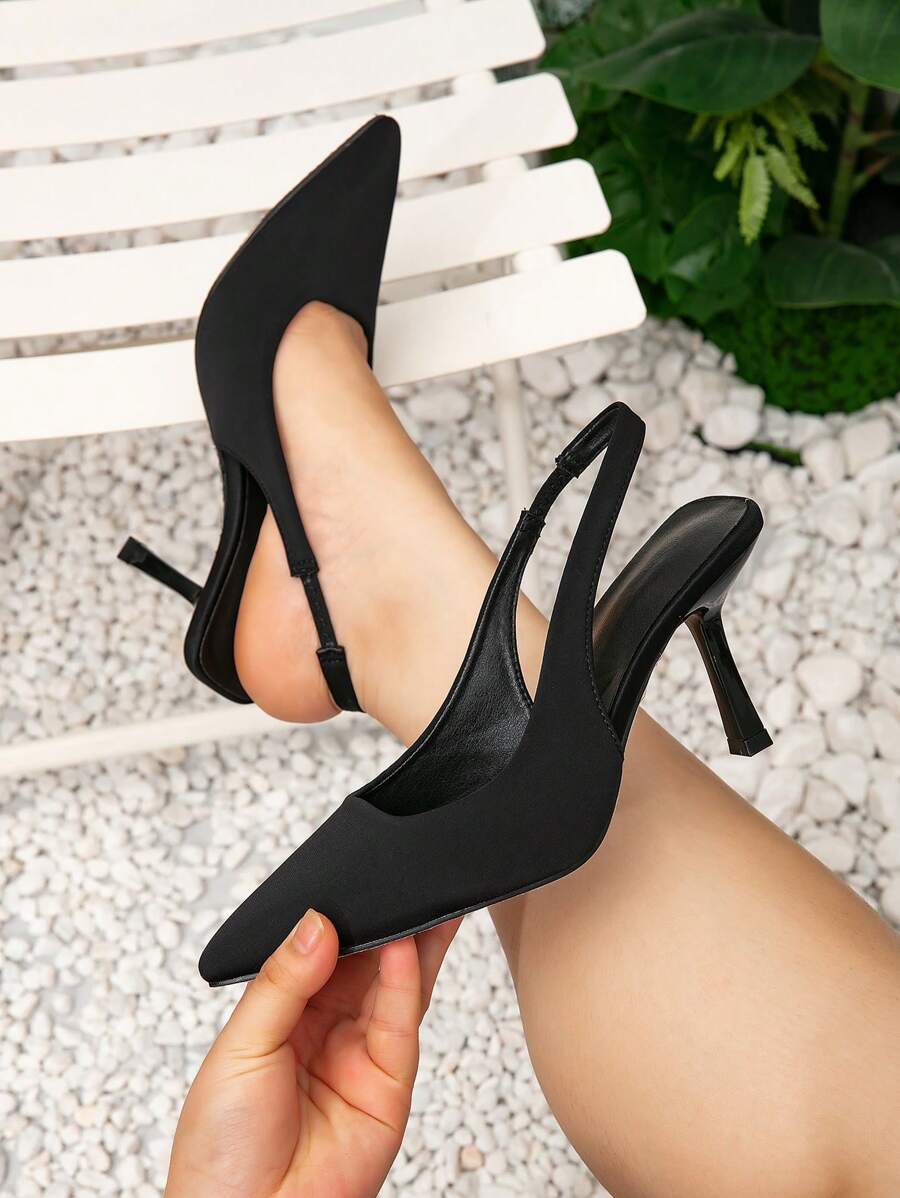 Women Wide-Fit Pointed Toe High Heels Pumps, Black, Low Vamp With Back Strap And Hollow Out Design, Suede, Shoes For Spring And Autumn