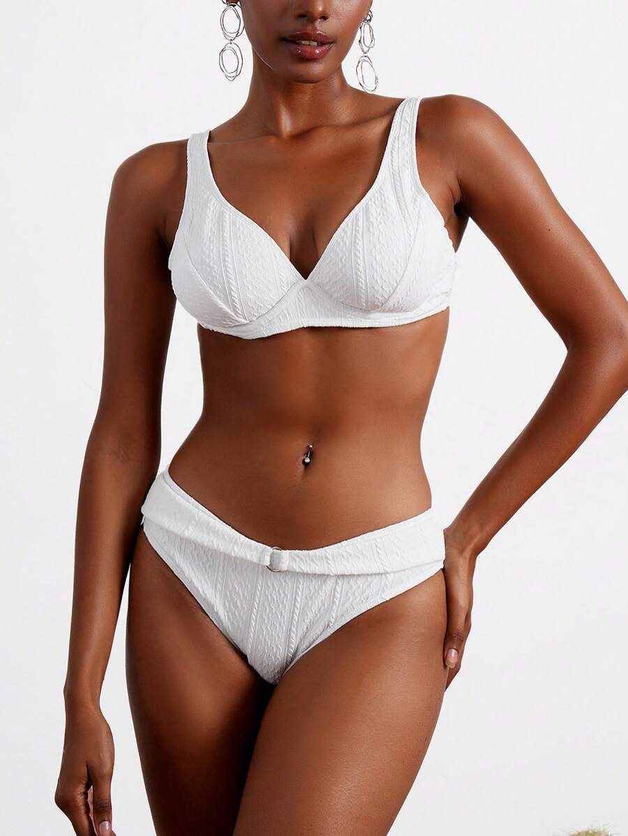 SHEIN Swim Summer Ladies Vacation Plain Textured Bikini Set With Underwire