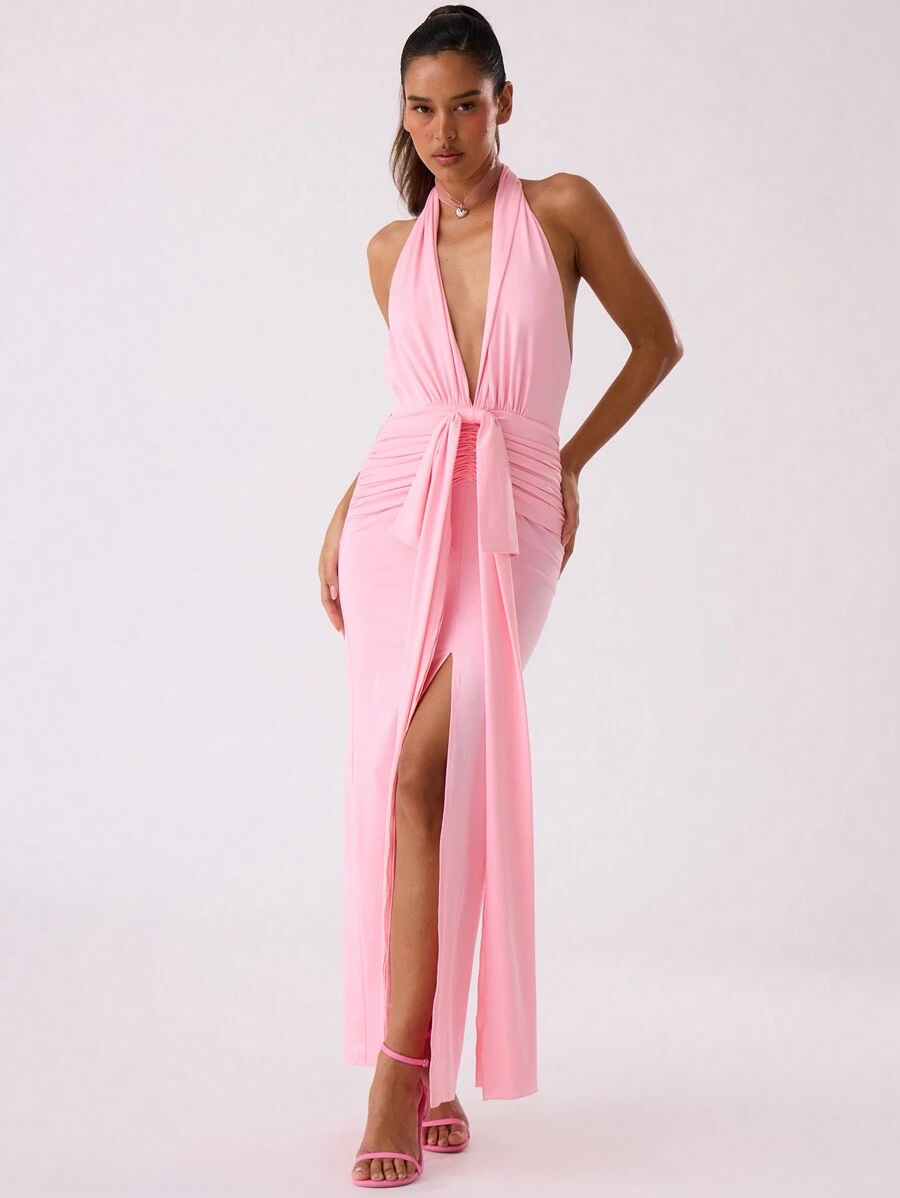MUSERA Tie Front Ruched Plunge Maxi Dress Spring Summer Vacation Prom Ibiza Fits