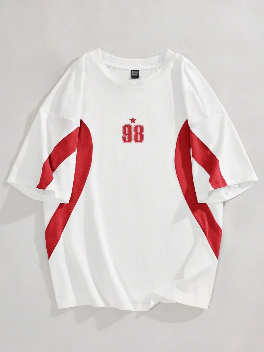 Coolane Camiseta suelta con estampado numérico de parches de color de contraste casual