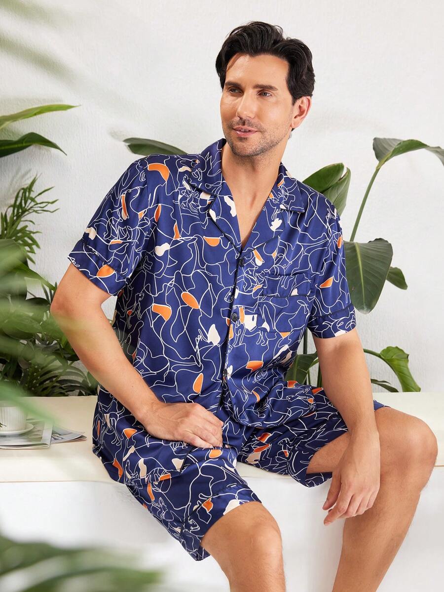 Conjunto de ropa de casa para hombre de manga corta y pantalones cortos con estampado aleatorio