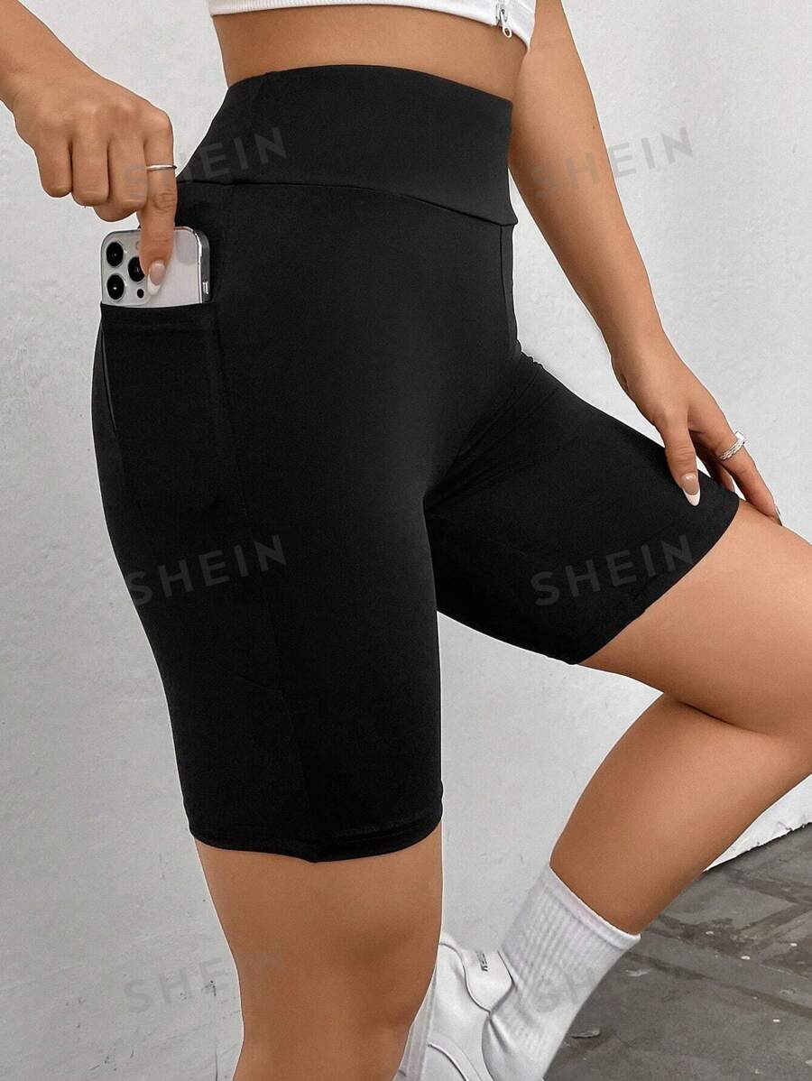 SHEIN EZwear Pantaloni scurți de motociclist cu bandă largă, negri, uni, Balletcore, cu buzunar pentru telefon