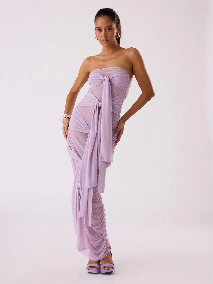 MUSERA Vestido maxi elegante de malla doble con múltiples lazos, ideal para la playa, primavera, verano, vacaciones, romántico, de los 90, para invitada de boda y ocasiones especiales