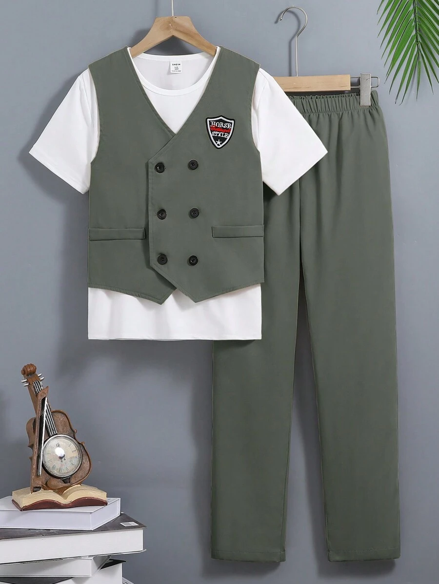SHEIN Tween Boy Fashionable Vest Top, T-Shirt And Long Pants Elegant 3pcs Outfit