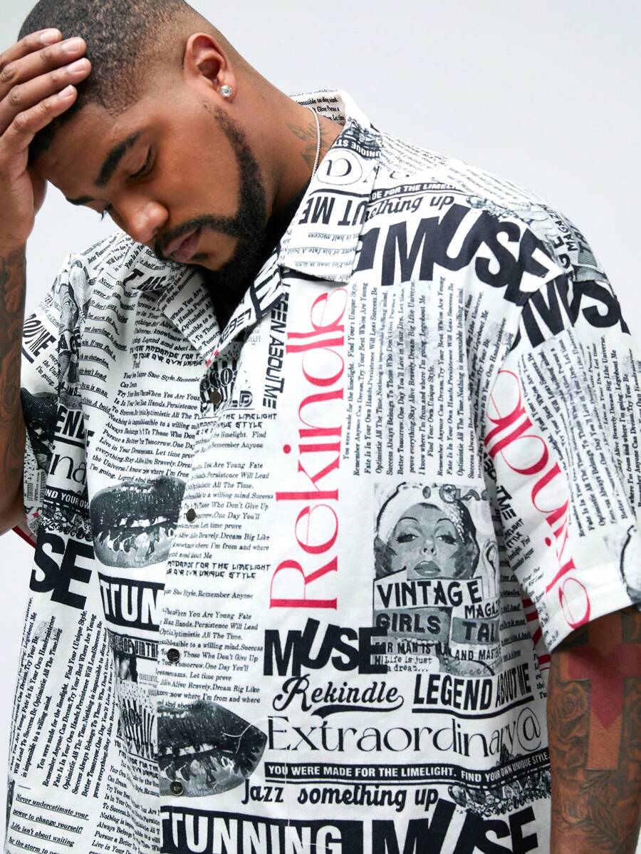 Manfinity VCAY Men's Plus Size Woven Printed Casual Loose Short Sleeve Shirt