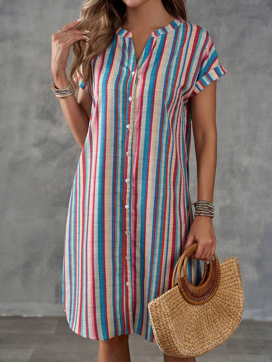 EMERY ROSE Vestido de mujer con cuello en V y rayas de colores con botones en la parte delantera para las vacaciones de verano