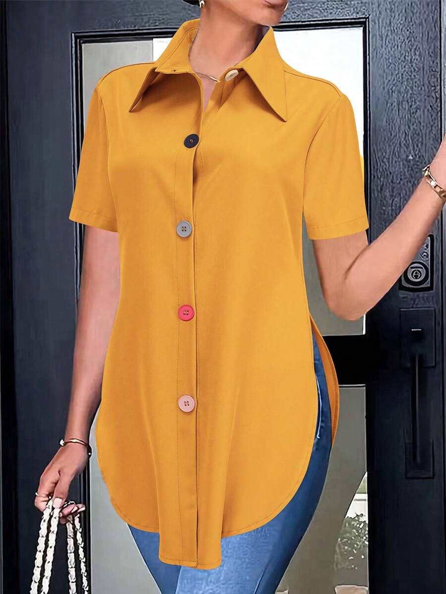 Women's Fashion Colorful Button Short Sleeve Shirt,Short Sleeve Tops